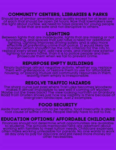 Community Center, Libraries & Parks, Lighting, Repurpose Empty Buildings, REsolve Traffic Hazzards, food Security, Education Options/Affordable Childcare