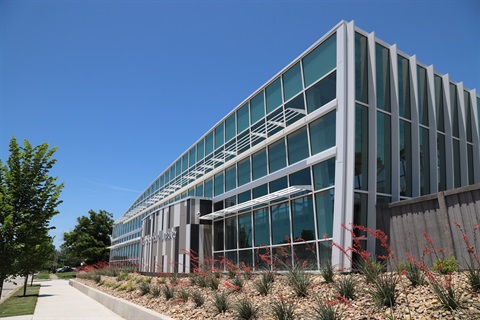 exterior of Reby Cary Youth Library from sidewalk on E. Lancaster 