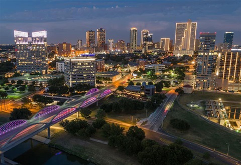 a nighttime aerial view of downtown