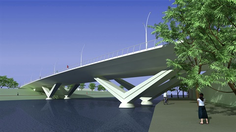 a rending of a bridge over water