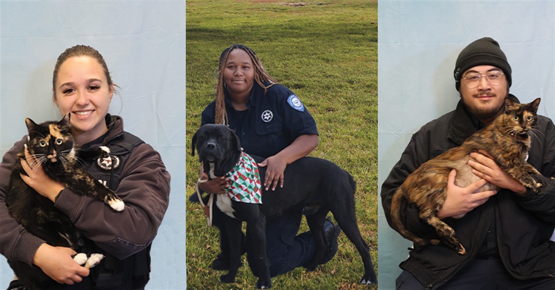 three animal control officers two holding a cat and one holding a dog