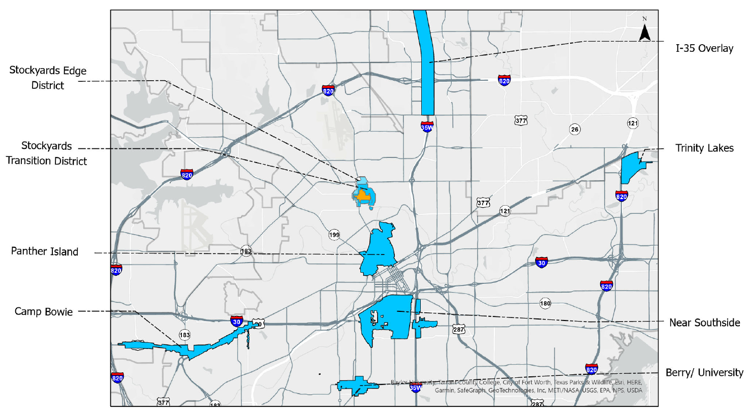 Map of labelled urban design districts in Fort Worth