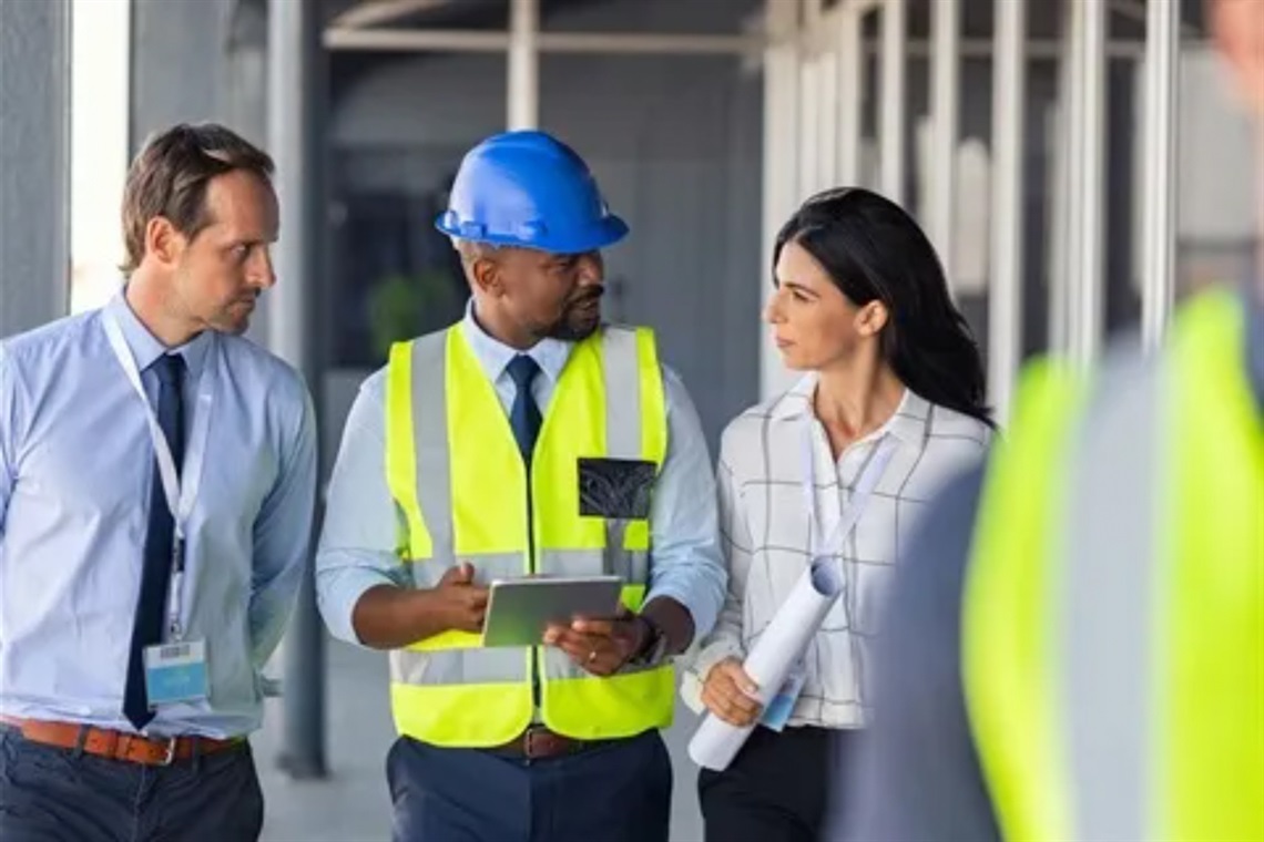 Construction worker in blue hard hat and yellow safety vest walks towards camera in center, with man in tie on left and woman holding architectural plans on right