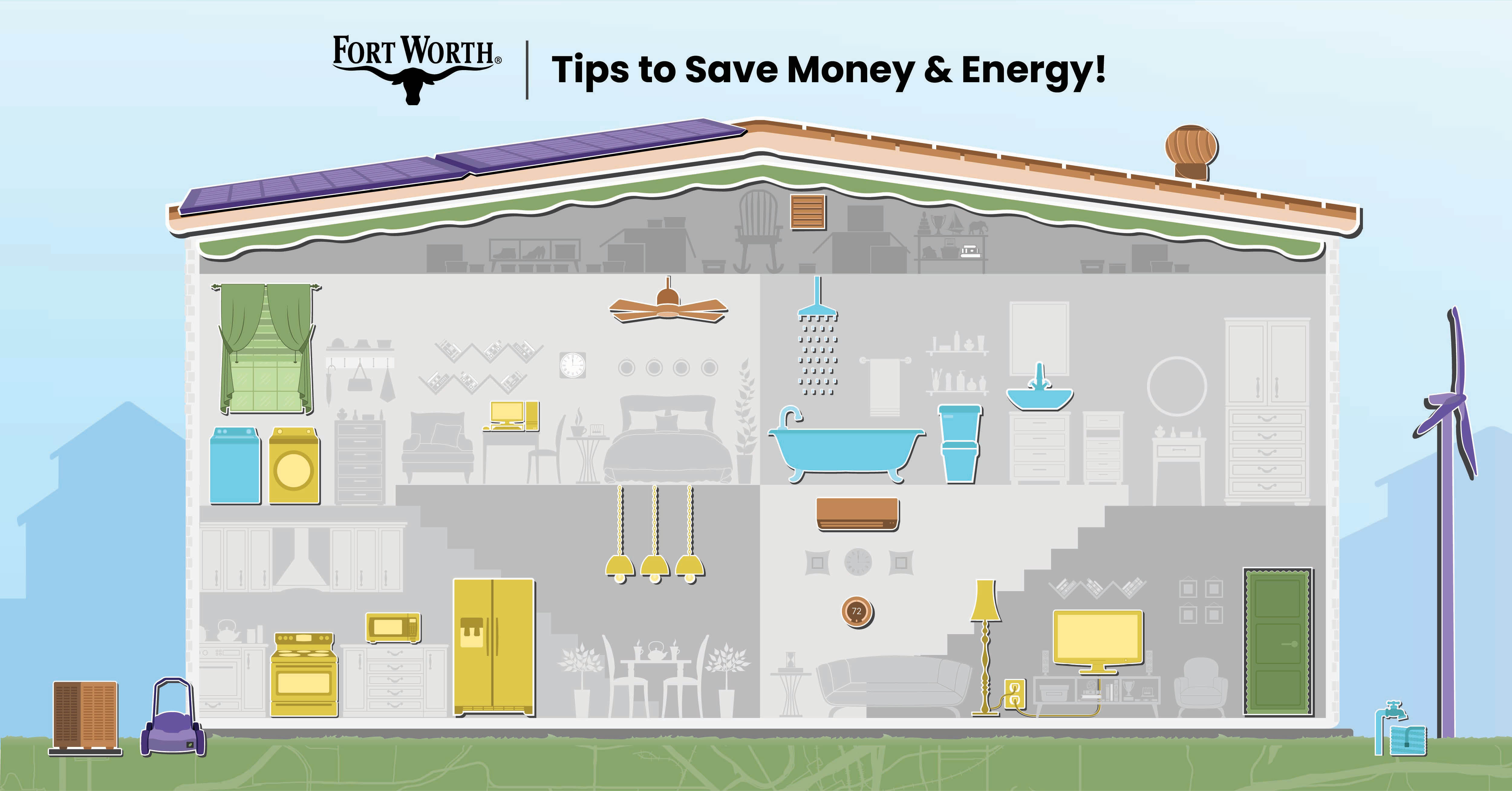 Illustration of a home with energy-efficient appliances and furniture