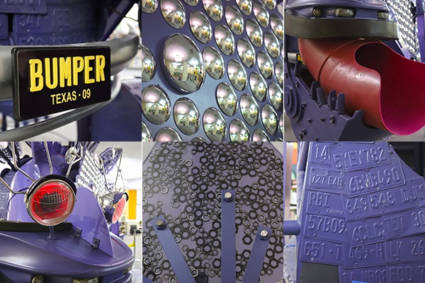 a collection of photos of the Bumpersaurus sculpture