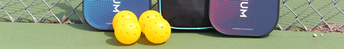A pickleball kit sits on a green tennis court against a fence.