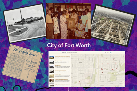 Collage of historical maps and images of Fort Worth