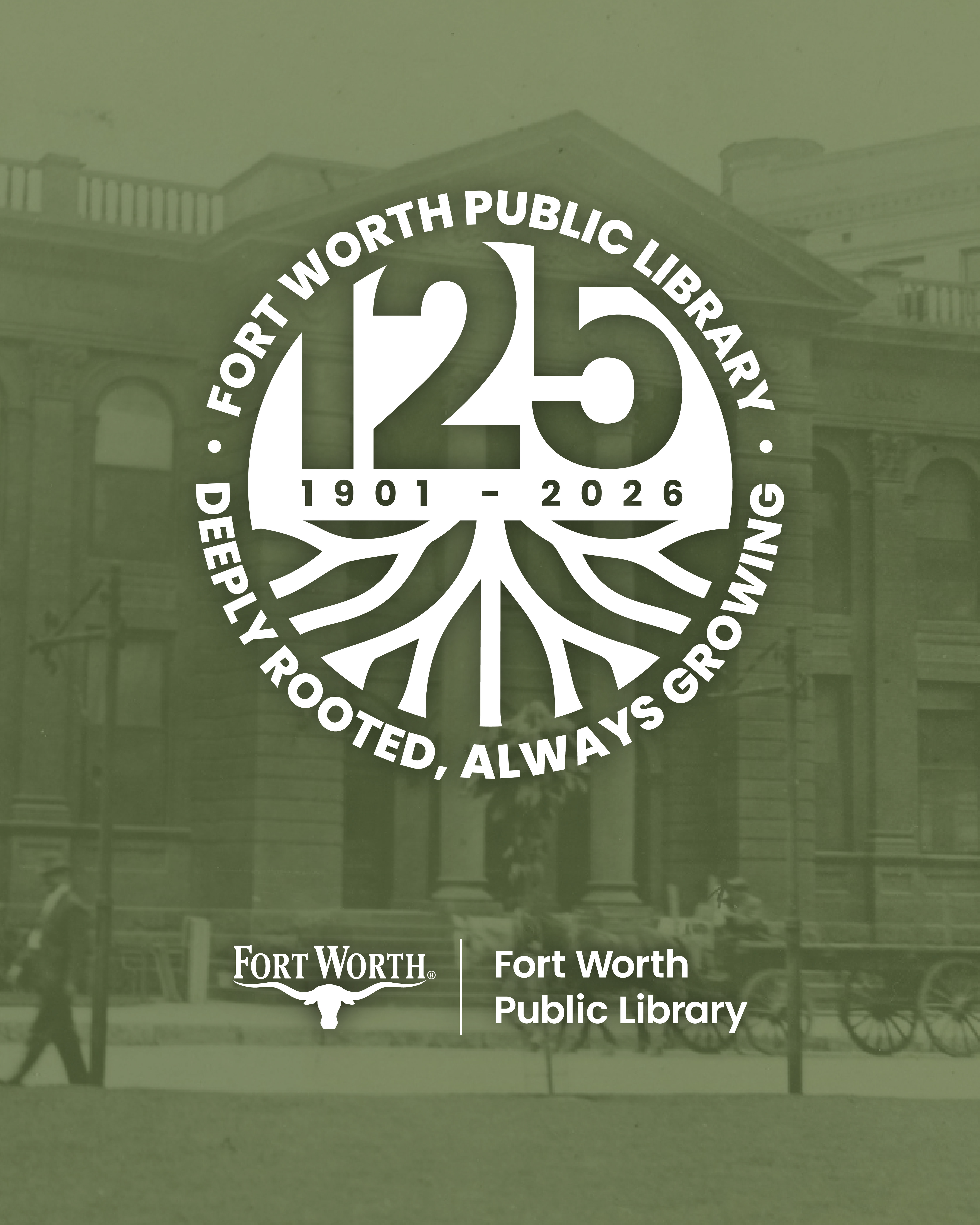 Green graphic featuring a Fort Worth Public Library logo for the 125th anniversary.