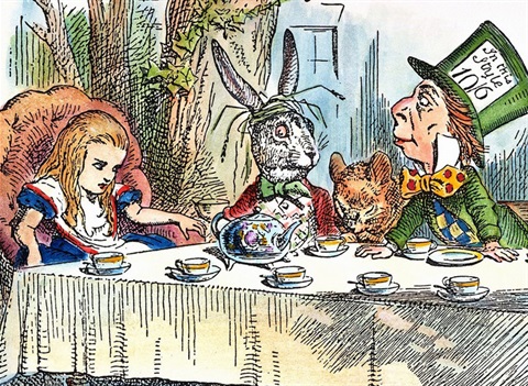 Illustration of the tea party in Alice in Wonderland, featuring Alice, the White Rabbit and the Mad Hatter.