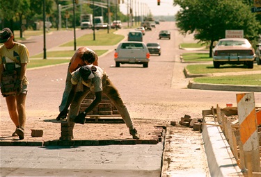 Workers laying bricks on July 19, 1988. One can only imagine how hot of a job that must have been in the full summer sun! (Photo: Fort Worth Star-Telegram Collection, University of Texas at Arlington Libraries)