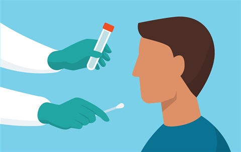 a graphic of a pair of hands preparing to give a person a COVID-19 test