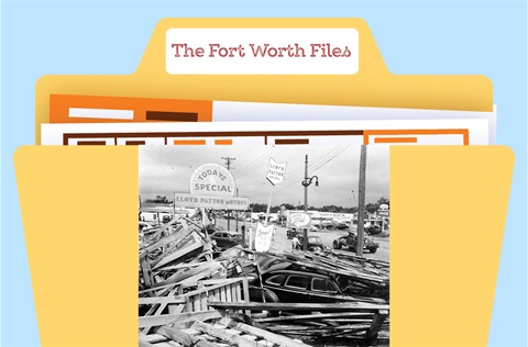 Fort Worth Files graphic and image of damaged cars and debris