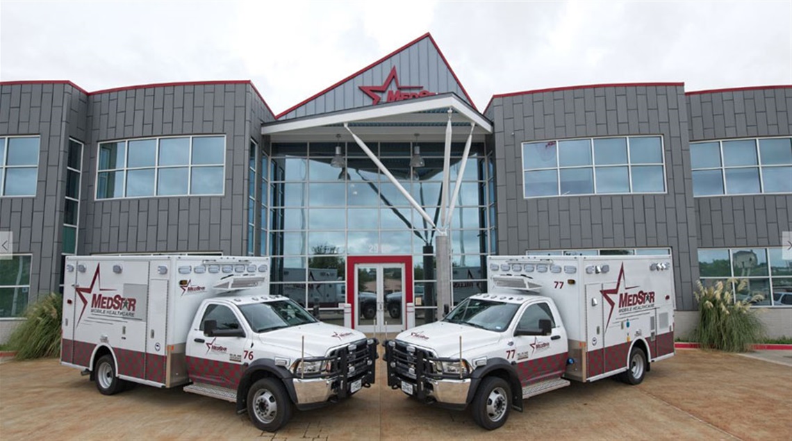 two ambulances parked in front of Medstar's headquarters