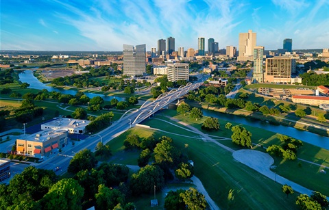 Aerial view of the city of Fort Worth in the daytime