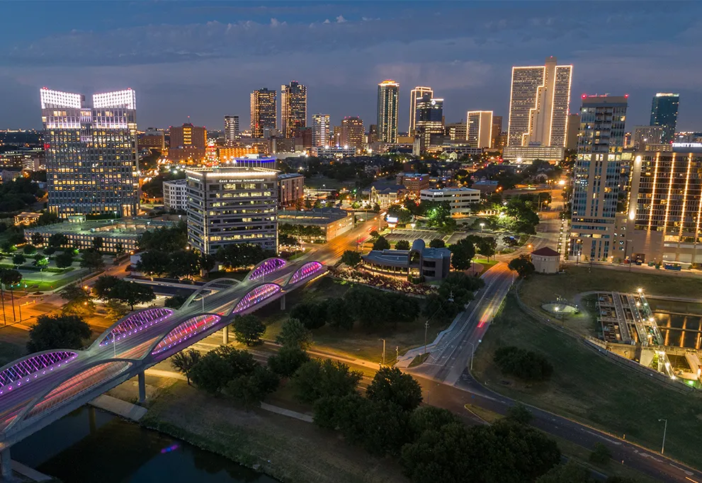 Aerial view of downtown Fort Worth at night