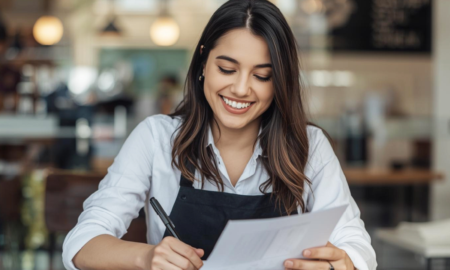 A smiling small business owner in an apron fills out business forms in her coffee shop