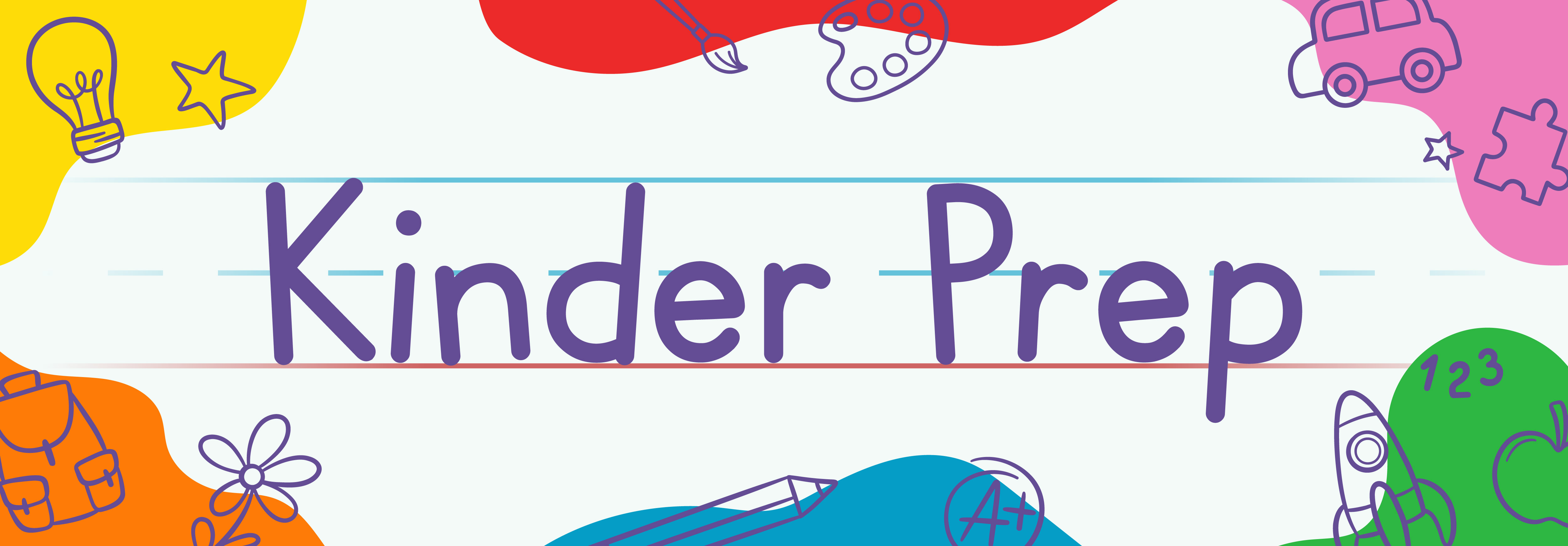 Lined paper with Kinder Prep and graphics including a light bulb, car, rocket, flower