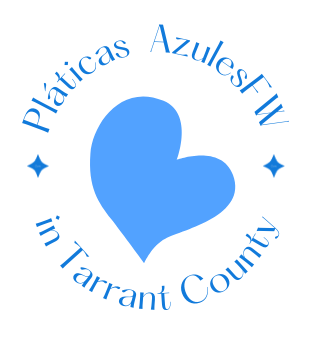 Platicas Azules logo. The logo is blue and includes a heart in the middle. Around the heart are the words 