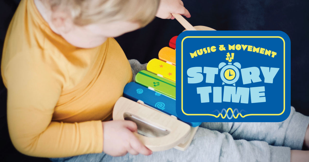 child playing xylophone with music and movement story time