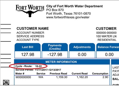 Image shows where to find cycle and route info on the water bill